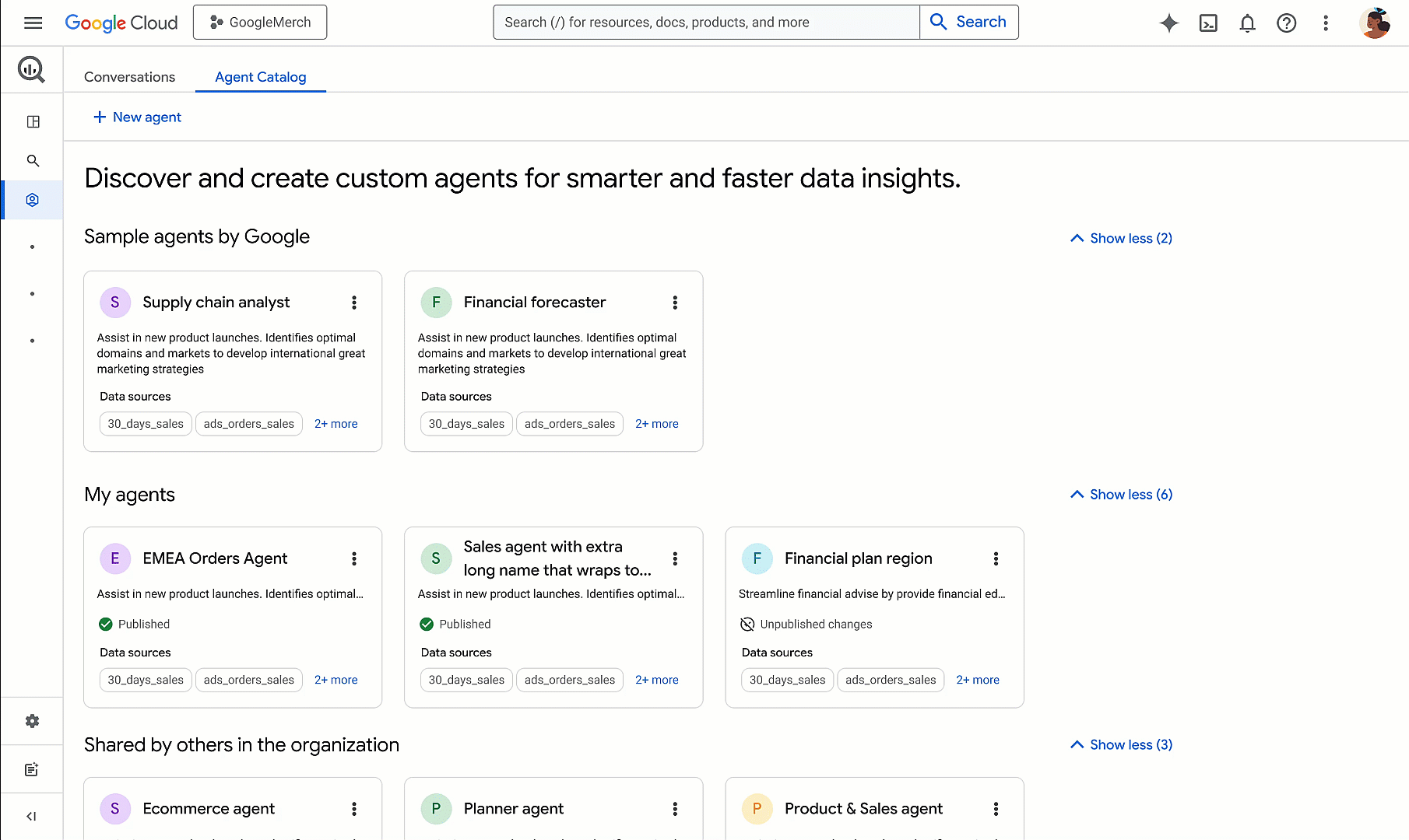 The BigQuery Agent Catalog showing sample agents from Google, a user's own published and unpublished agents, and agents shared by others in the organisation