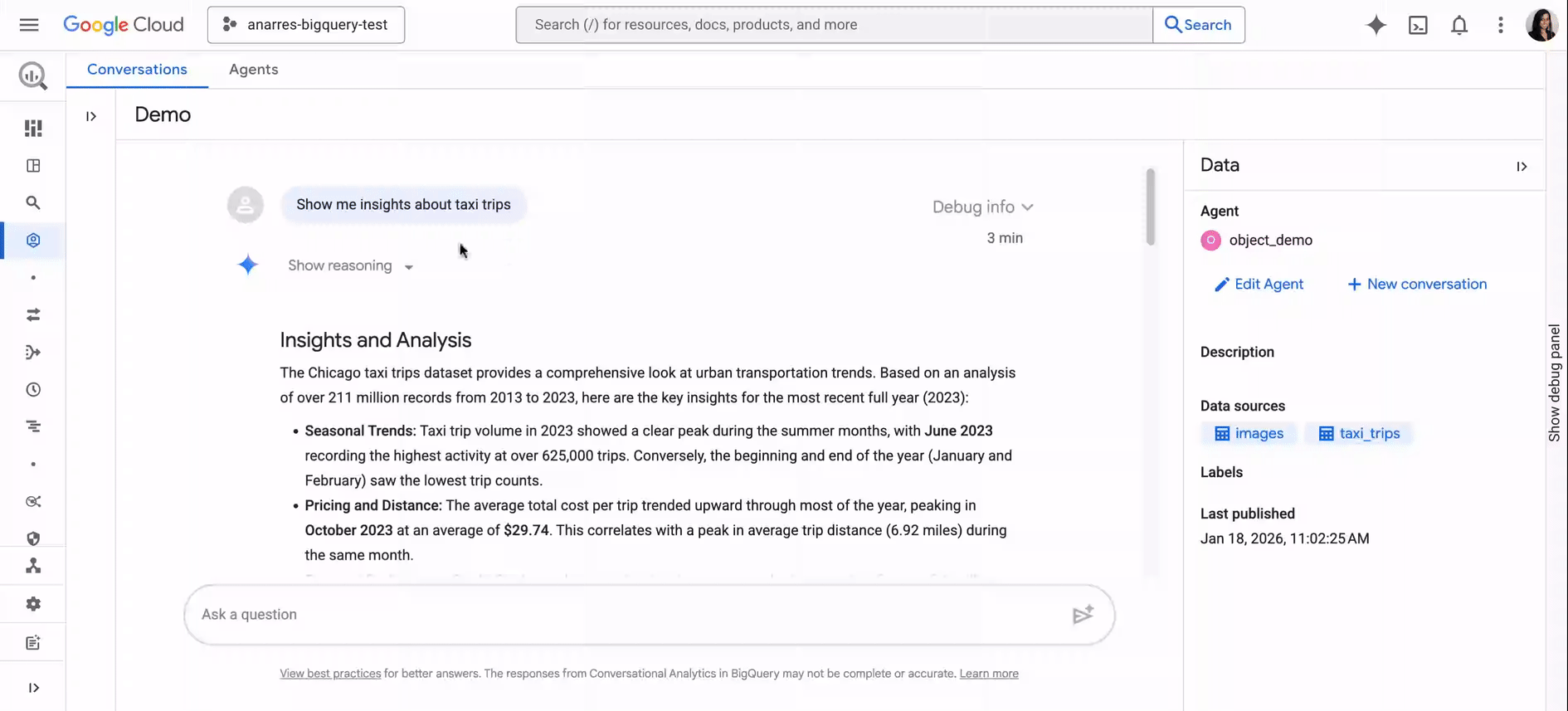 Conversational Analytics answering an open-ended "show me insights about taxi trips" question with a written analysis of seasonal trends and pricing