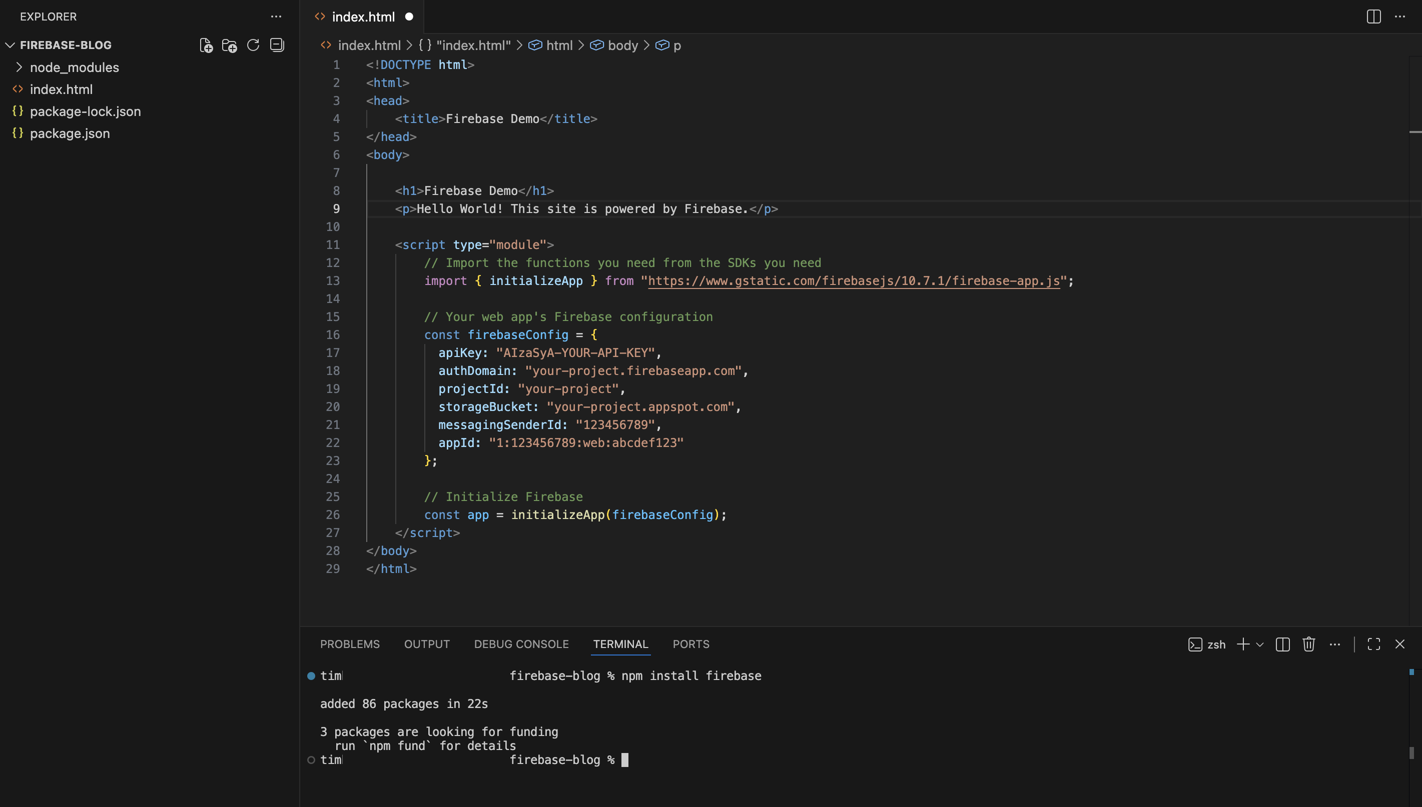 Example of the Firebase credentials in a HTML file