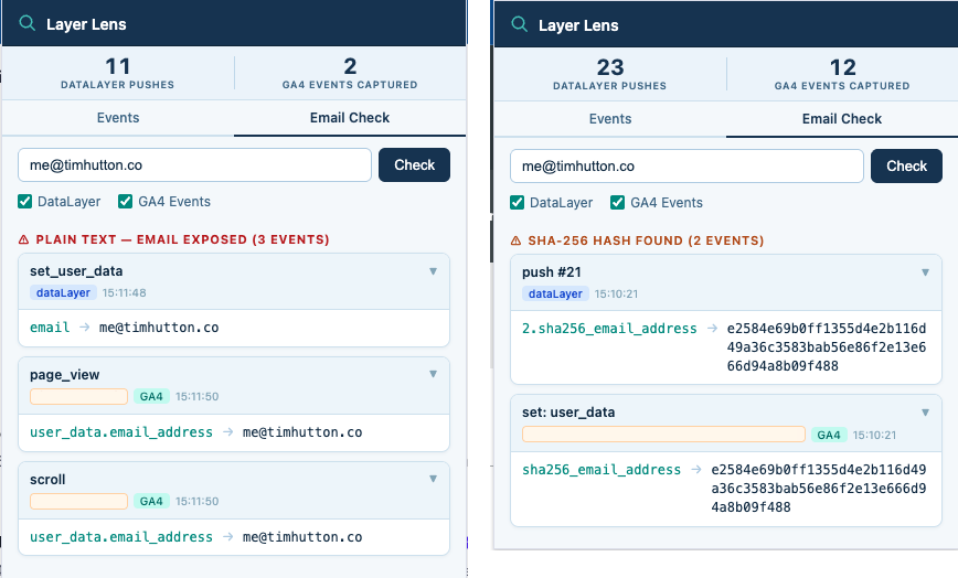 Layer Lens email check showing plain text exposure and SHA-256 hash detection